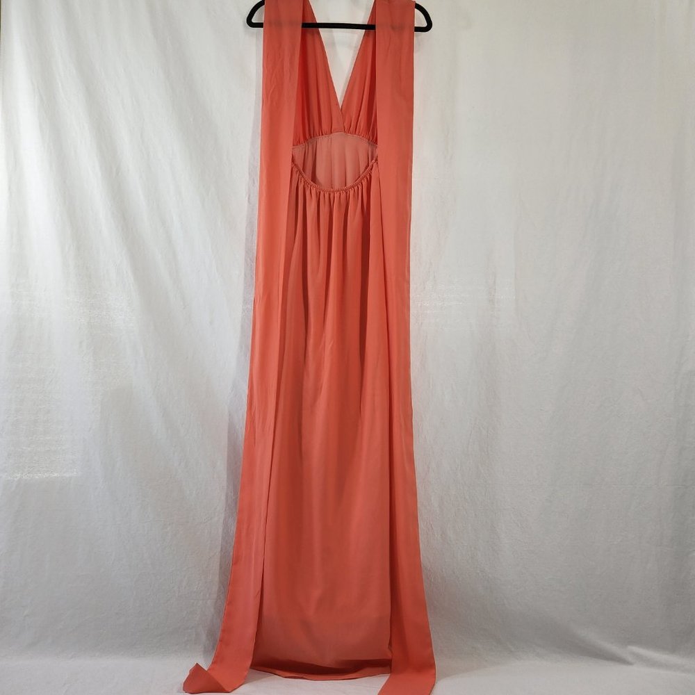 V-Neckline Long Prom Dress  by Studio F Size 8 Coral Color 85% Poly. Worn Once! - Picture 3 of 16